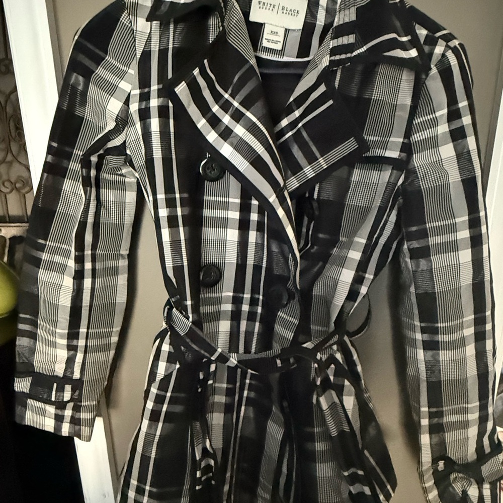 White House Black Market Black & White Plaid Trench Coat with Tie Waist